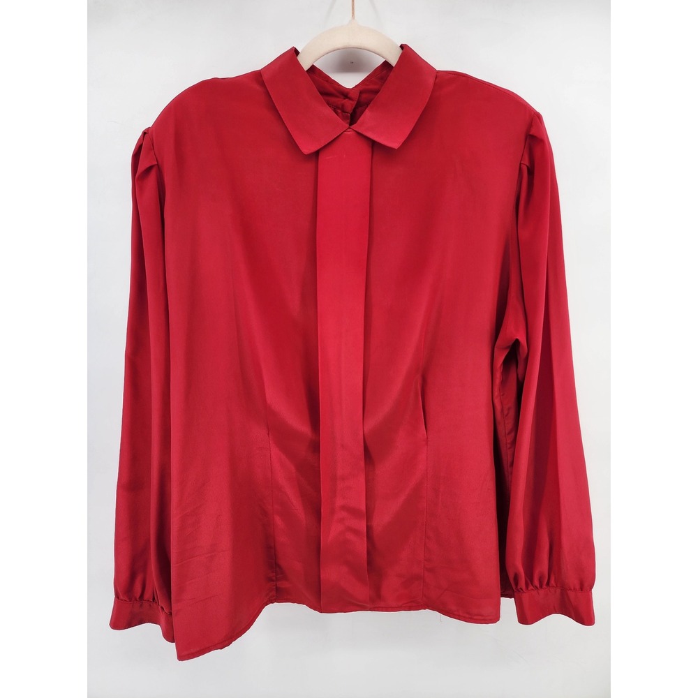 Impressions of California Red Satin Long Sleeve Button Front Blouse Top 6